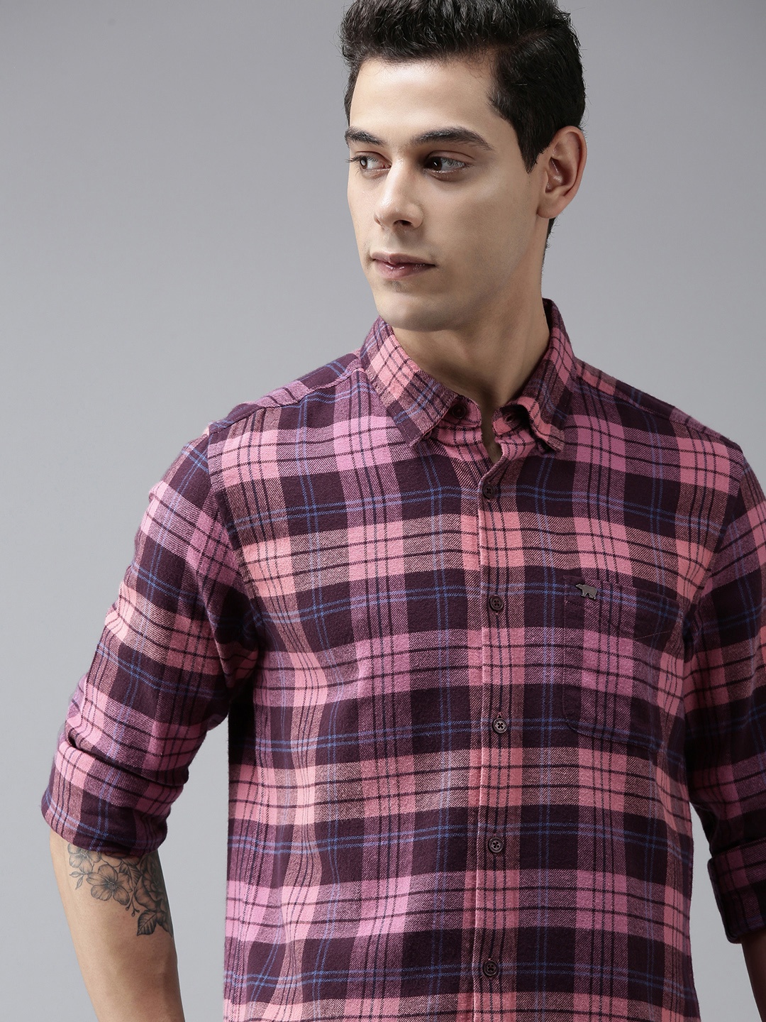 

THE BEAR HOUSE Men Pink & Burgundy Classic Slim Fit Tartan Checked Casual Shirt