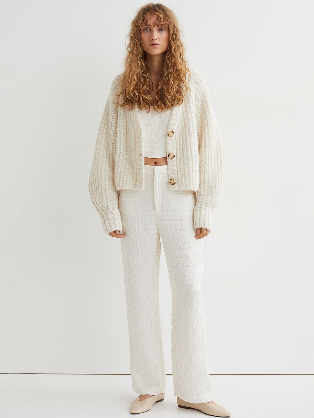 

H&M Women White Rib-Knit Wool-Blend Cardigan