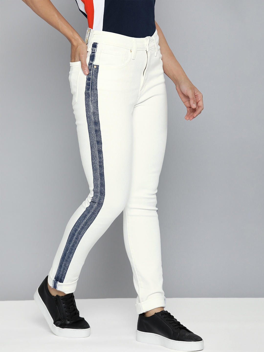 

Levis Women White 721 Skinny Fit High-Rise Stretchable Side Striped Jeans