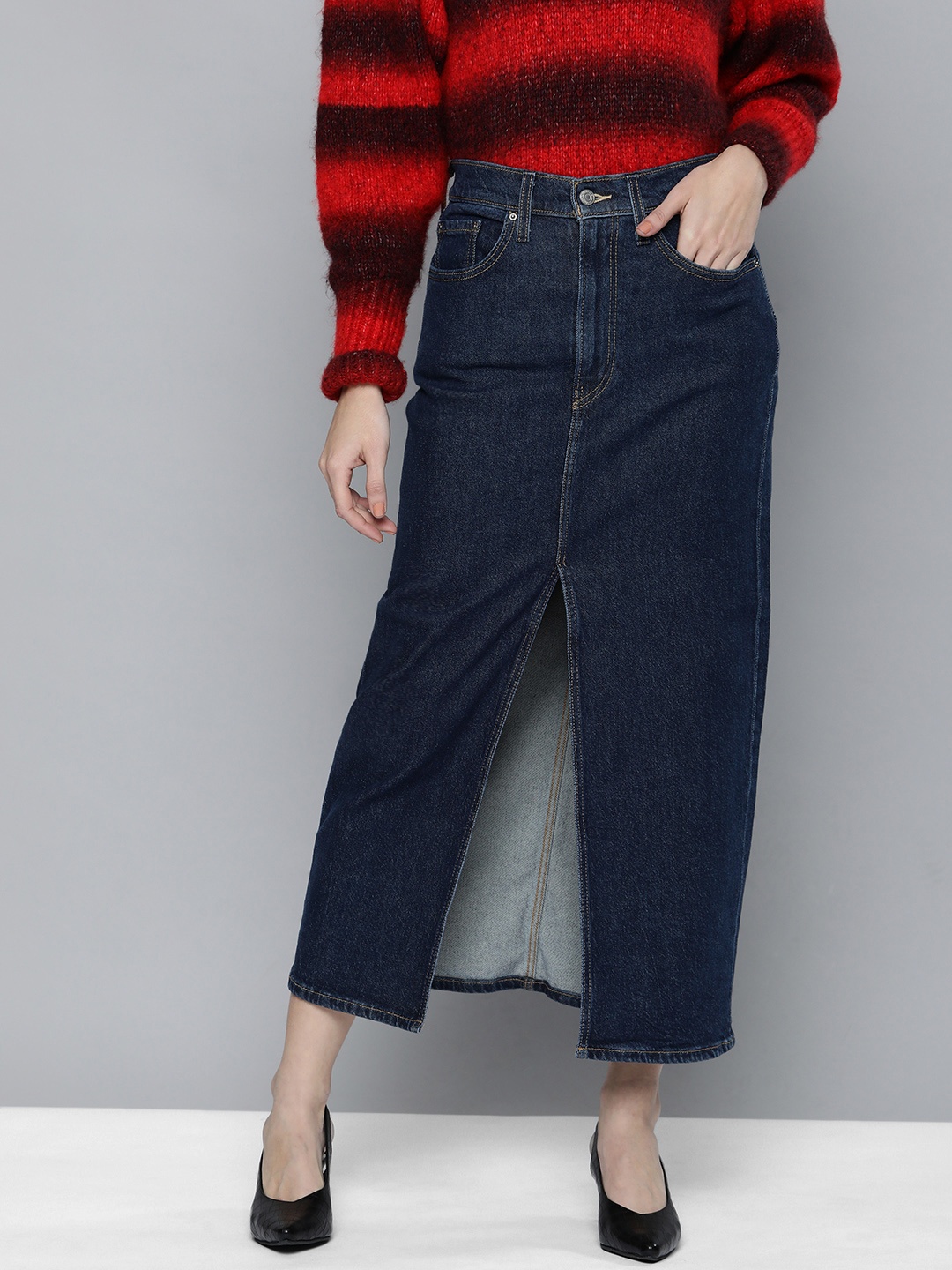 

Levis Women Blue Washed Midi Straight Denim Skirt with Front Slit