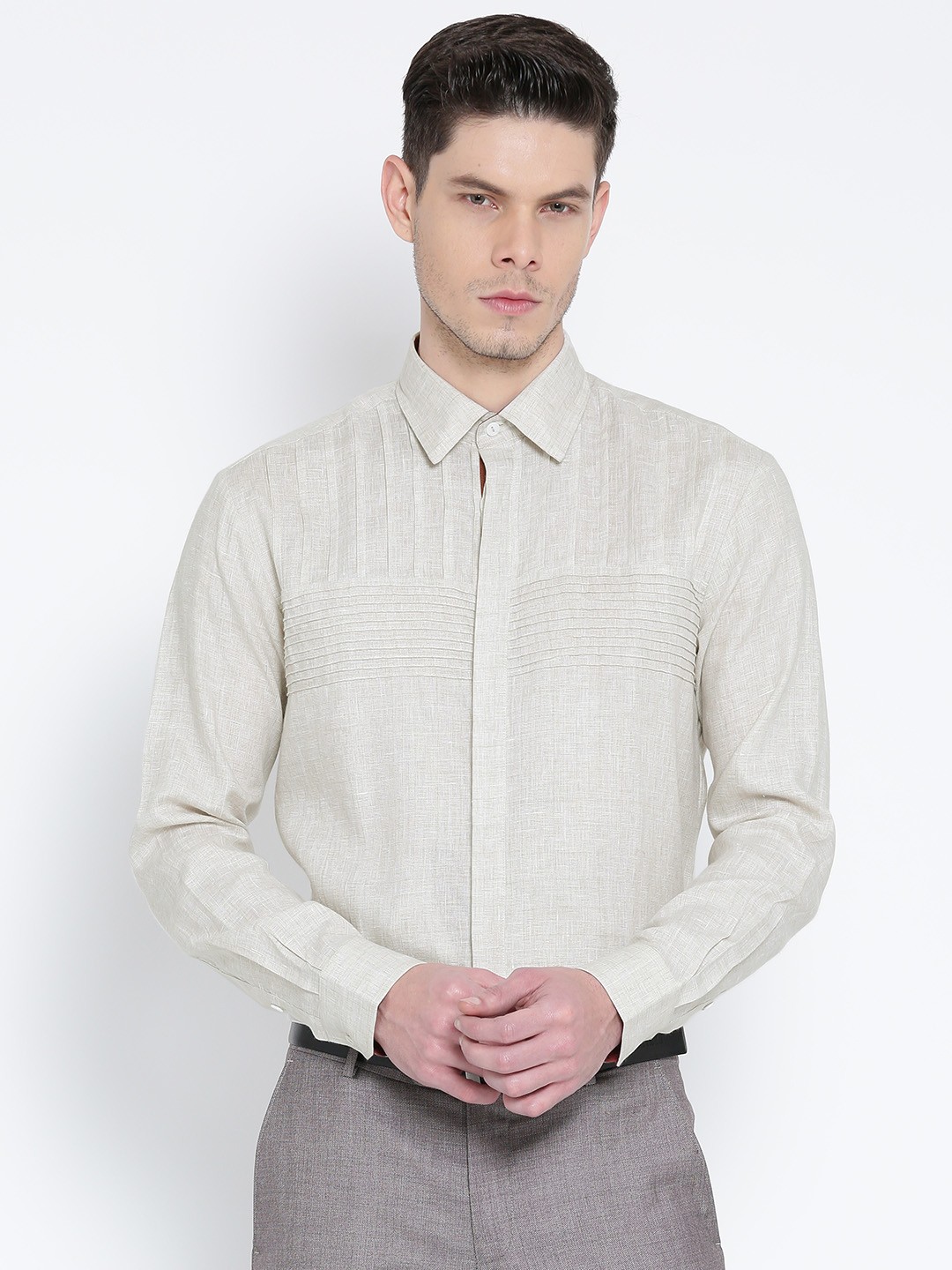 

Wills Lifestyle Men Beige Self-Design Linen Semiformal Shirt