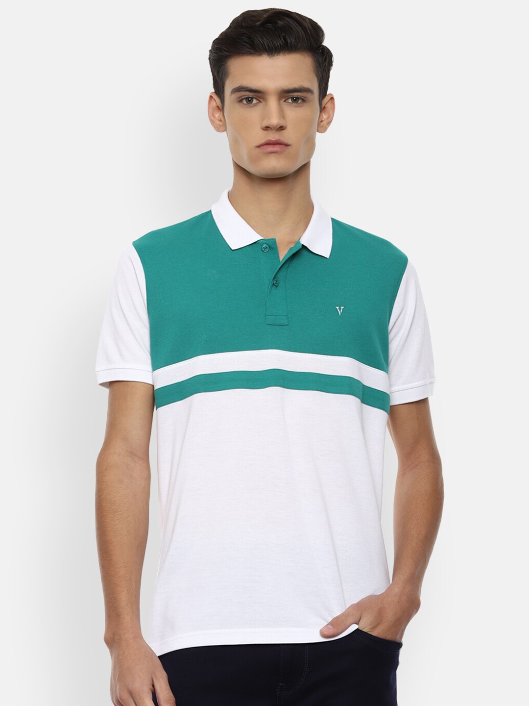 

Van Heusen Sport Men White & Green Cotton Colourblocked Polo Collar T-shirt