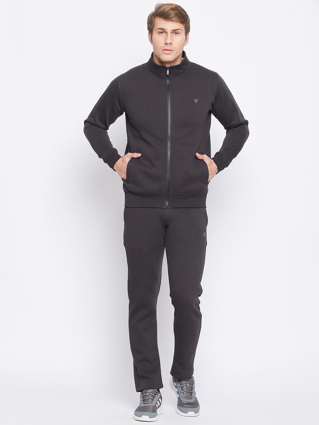 

Okane Men Charcoal Grey Solid Cotton Tracksuit