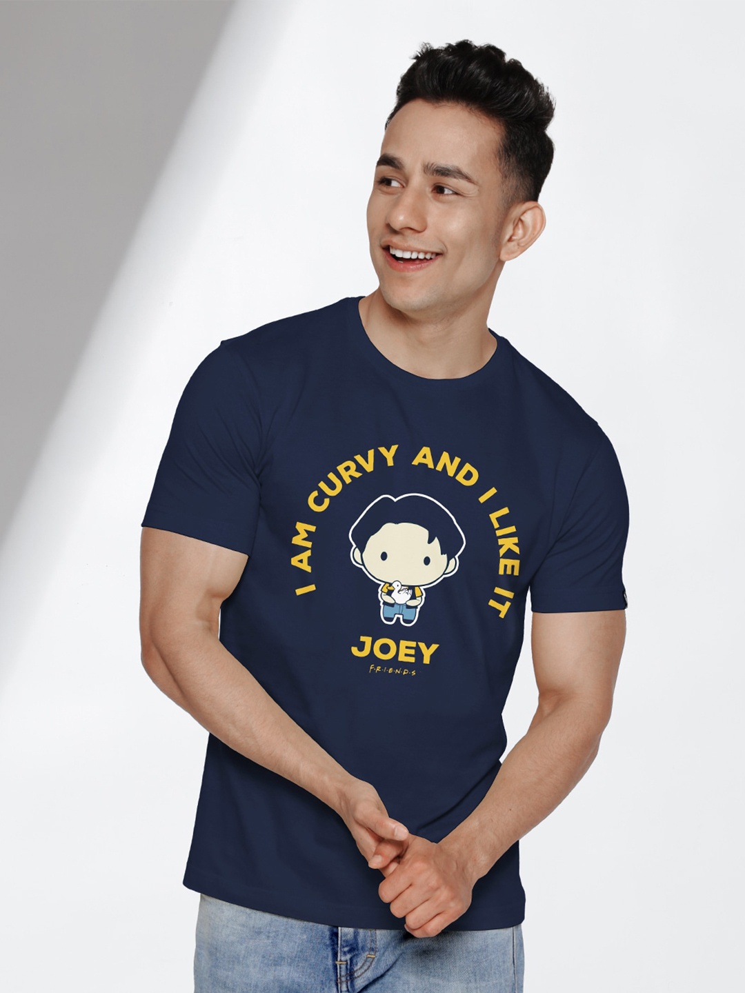 

The Souled Store Men Navy Blue & Yellow Cotton F.R.I.E.N.D.S Joey Print T-shirt