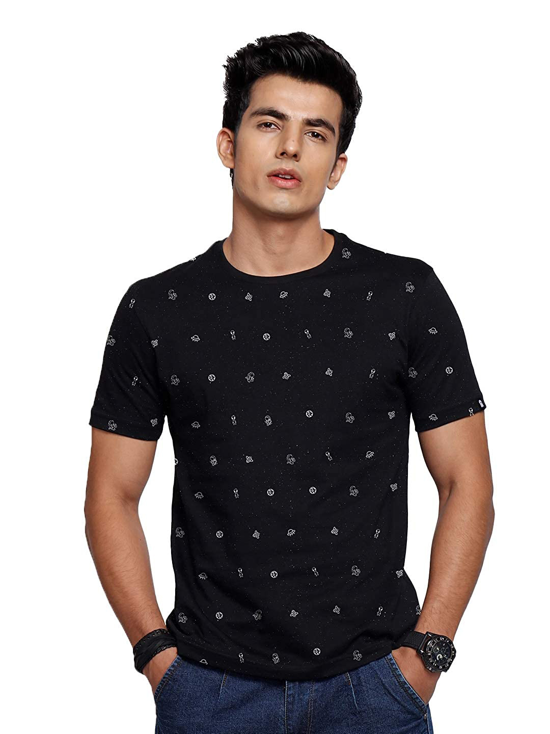 

The Souled Store Men Black & White Cotton Space Print T-shirt