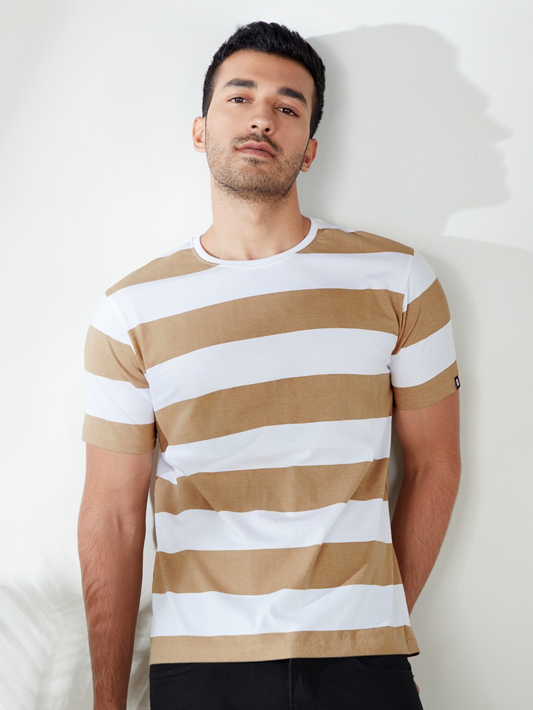 

The Souled Store Men Tan Brown & White Striped Cotton T-shirt