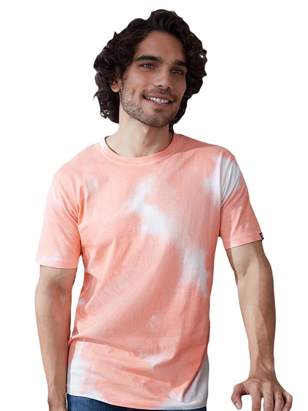 

The Souled Store Men Peach-Coloured Tie & Dye Printed T-shirt