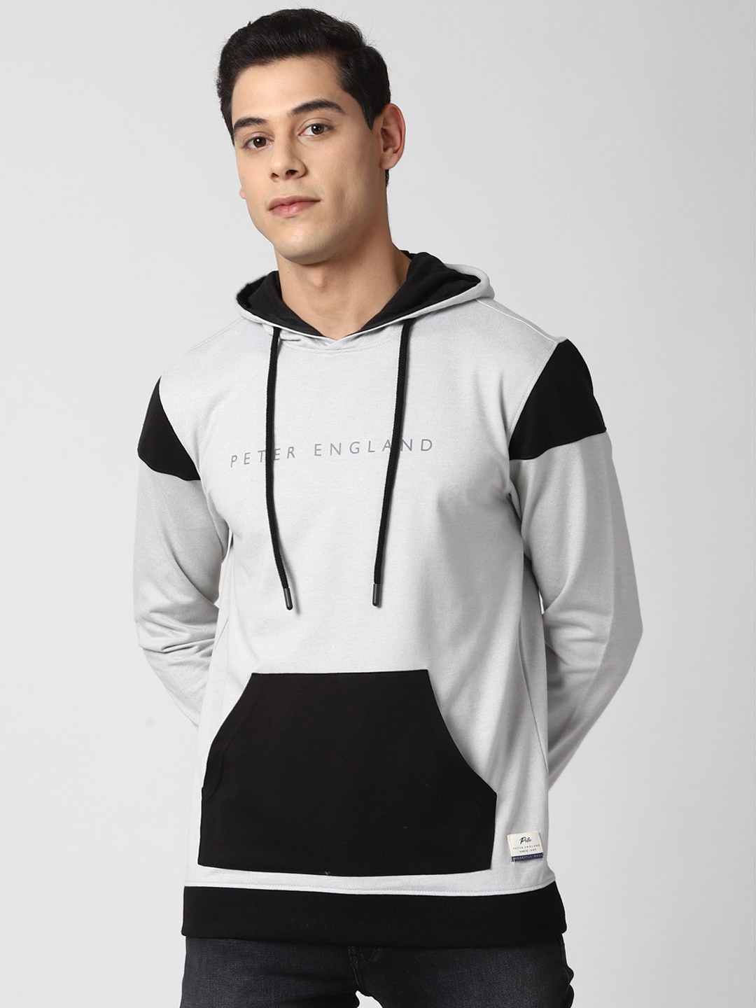 

Peter England Casuals Men Grey & Black Colourblocked Hooded Sweatshirt