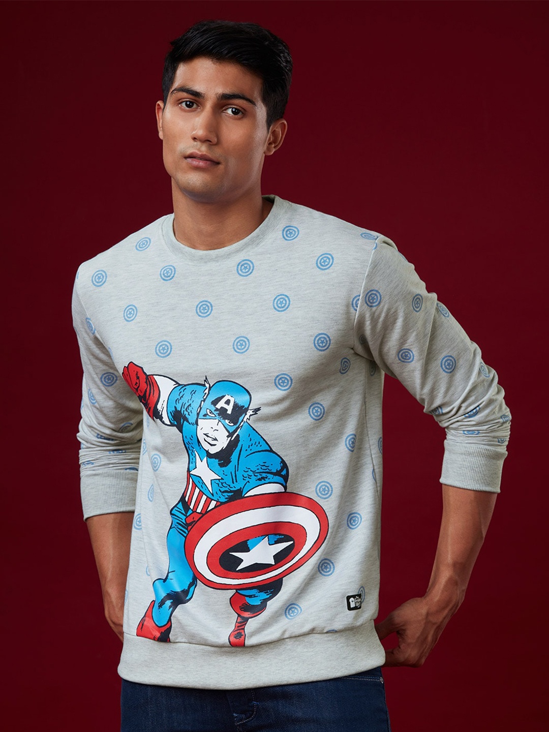 

The Souled Store Men Grey & Blue Captain America Printed Cotton Sweatshirt