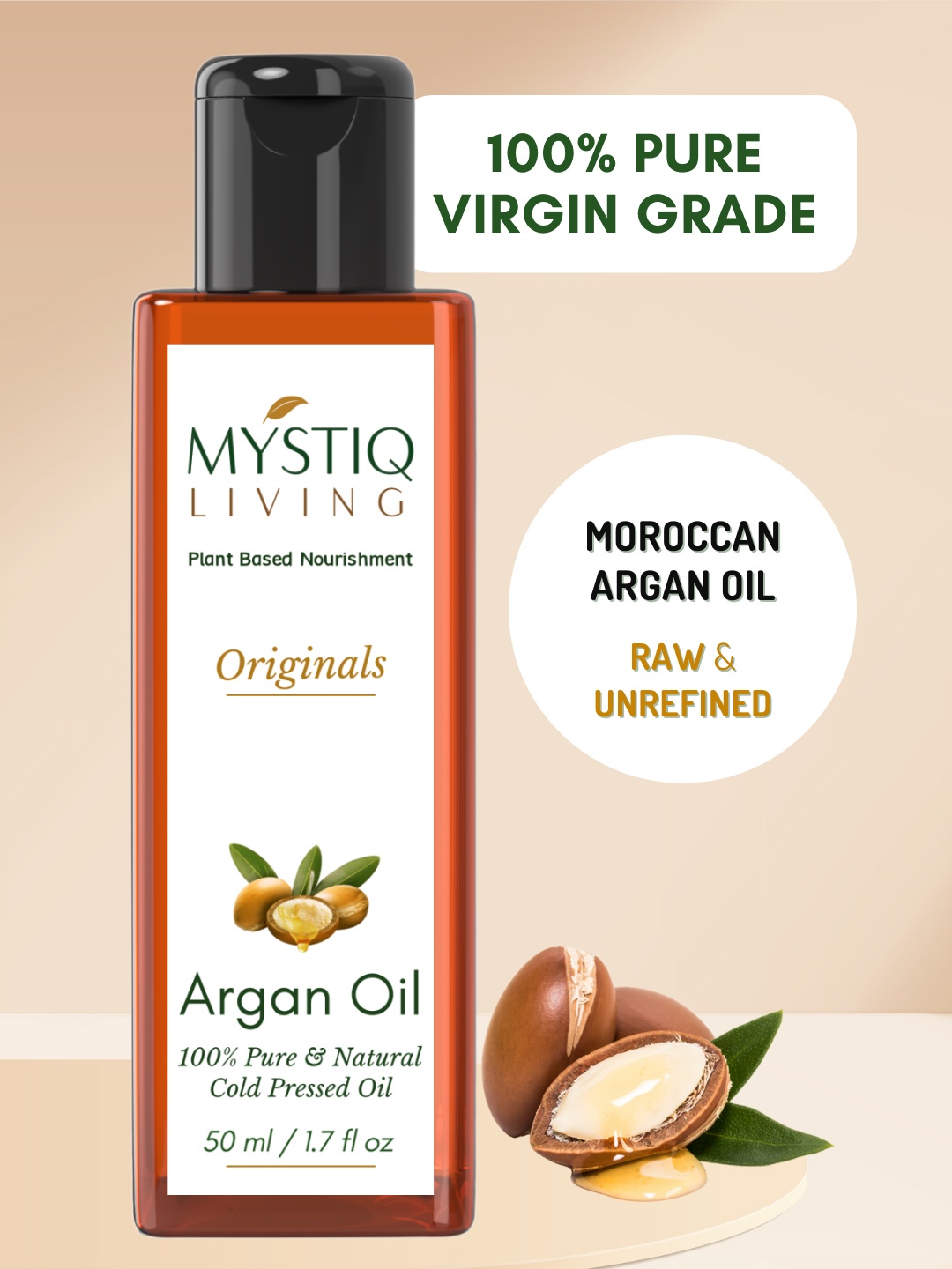 

MYSTIQ LIVING Argan Oil Cold Pressed Moroccan Argan Oil 100% Pure Natural - 50 ml, White