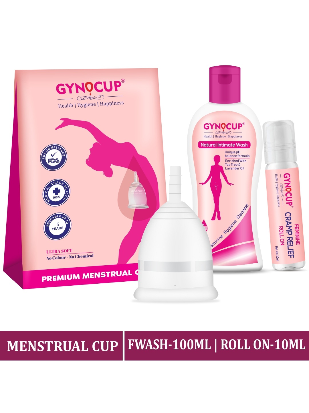 

GYNOCUP Menstrual Cup-Small With Intimate Wipes & Roll-On, Transparent