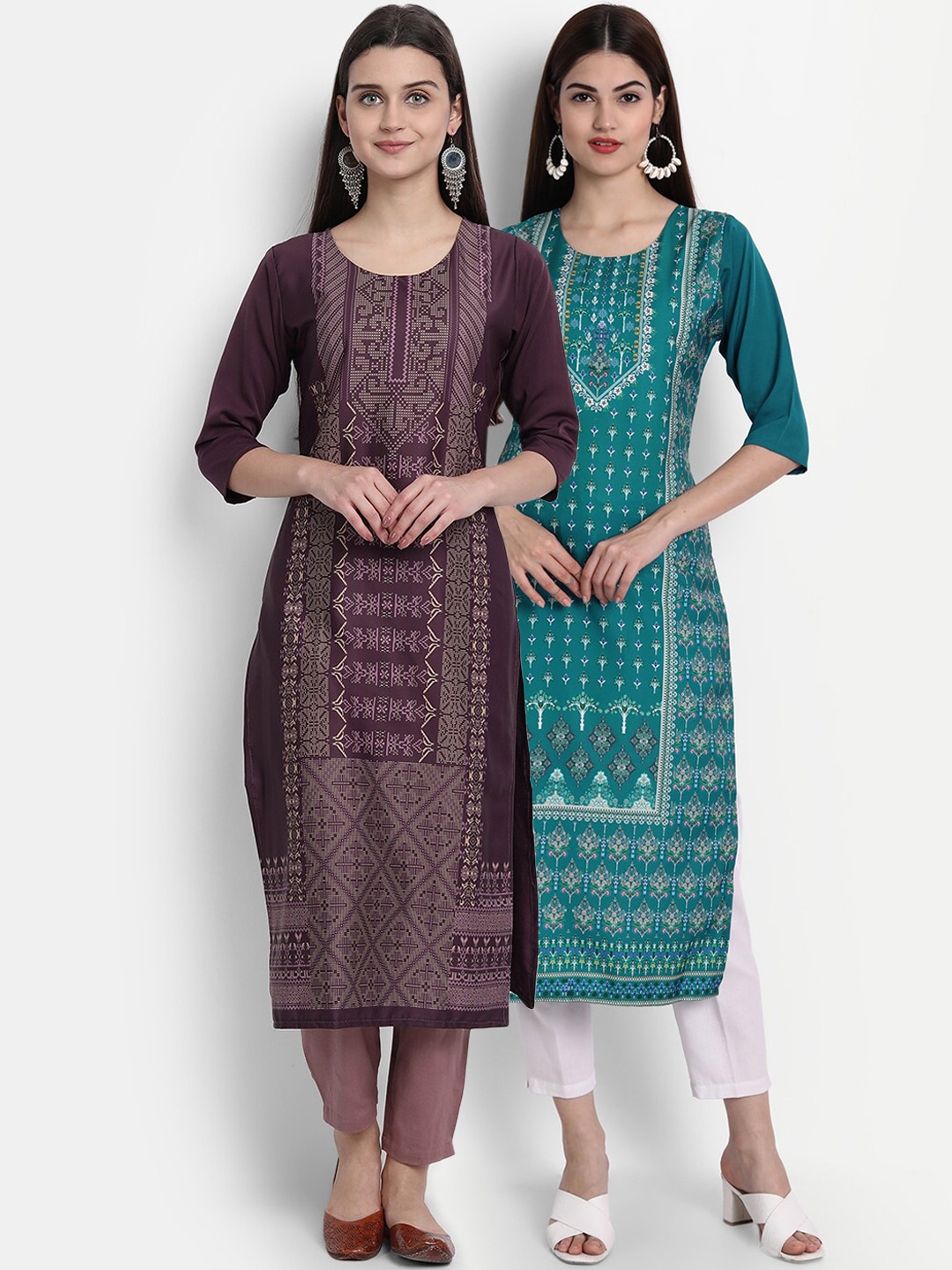 

7Threads Women Pack Of 2 Digital Print Straight Kurtas, Burgundy