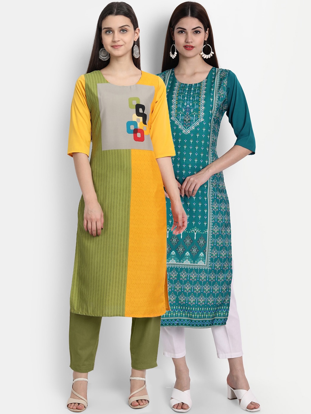 

7Threads Women Pack Of 2 Digital Print Straight Kurta, Yellow