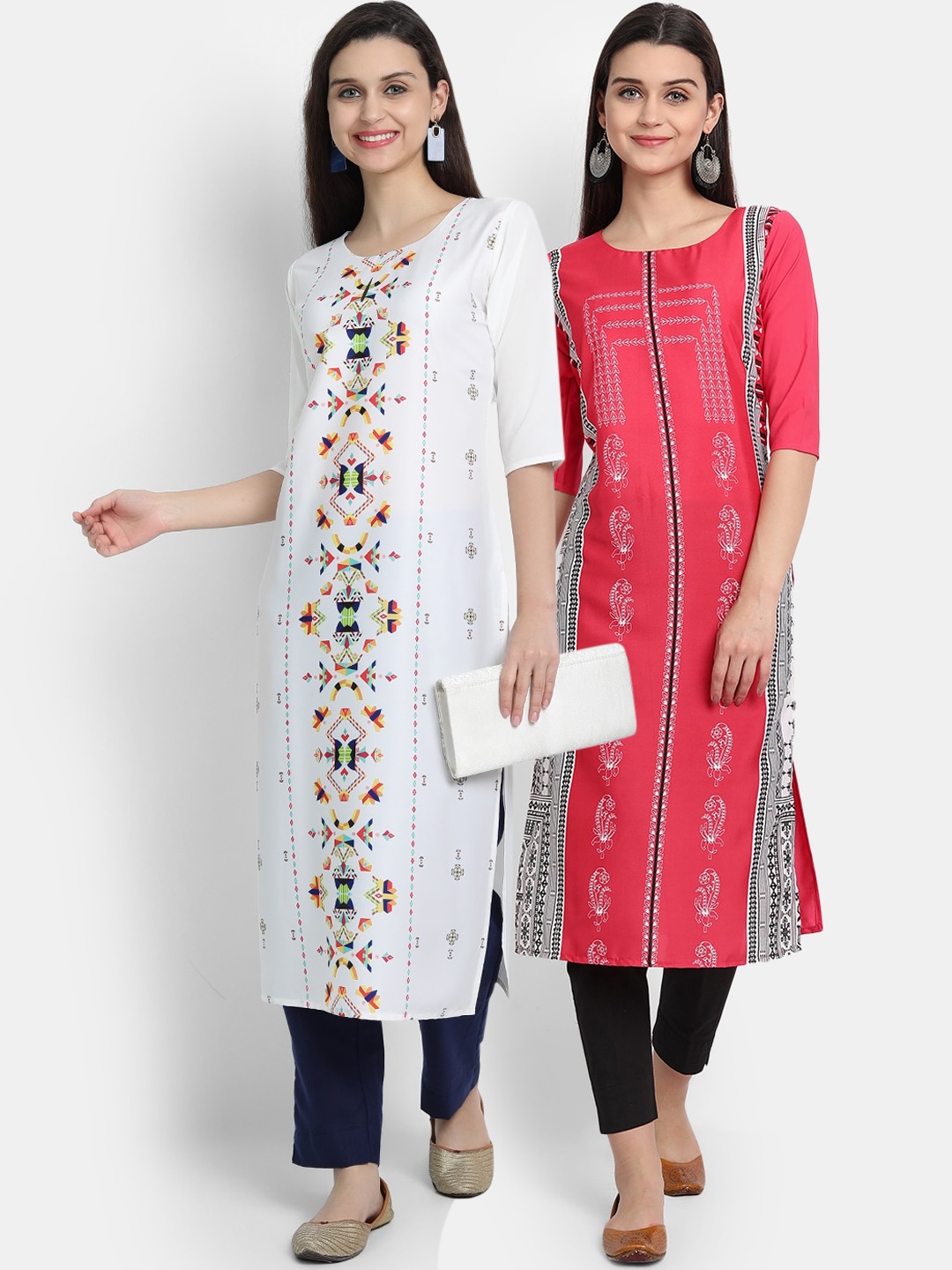 

7Threads Women Pack Of 2 Digital Print Straight Kurtas, White
