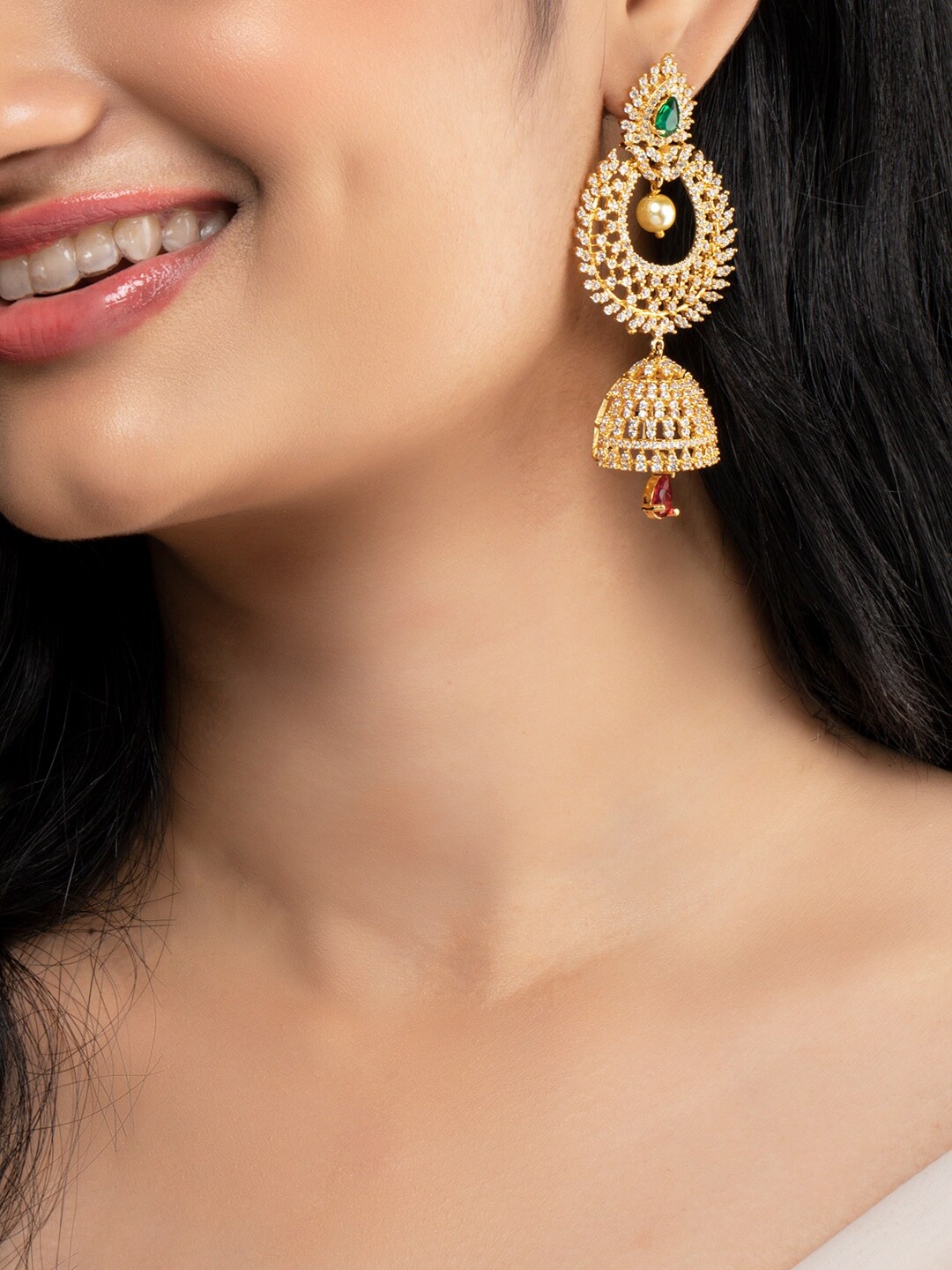 

Rubans Gold-Toned Dome Shaped Stone Studded Jhumkas Earrings