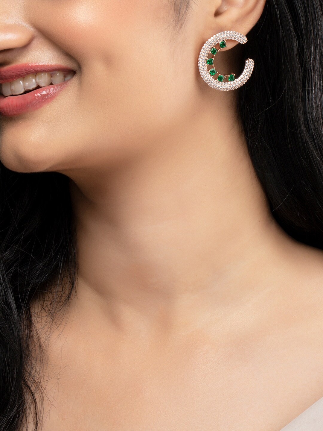 

Rubans Rose Gold Plated Green Zirconia Studded Circular Half-Hoop Earrings