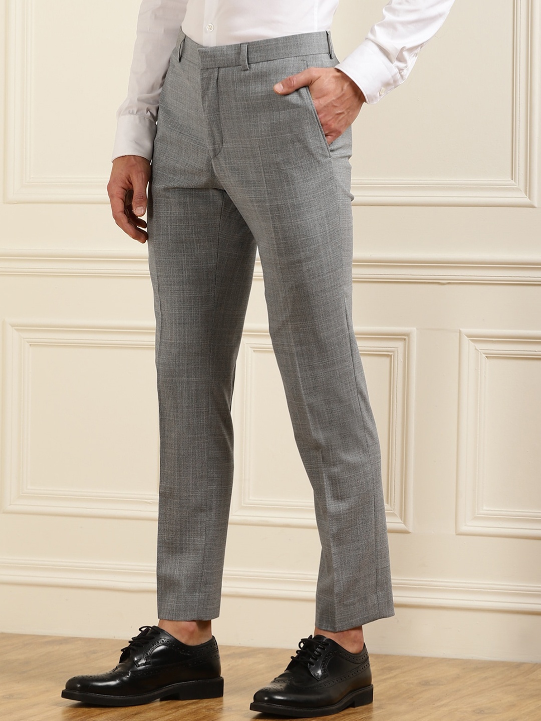 

Ted Baker Men Grey Checked Smart Slim Fit Pure Cotton Trousers