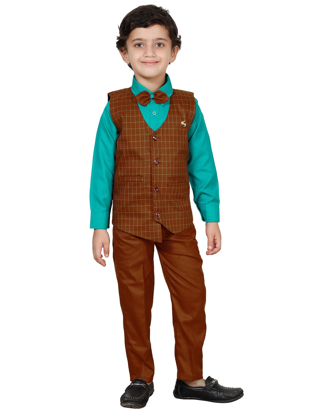 

FOURFOLDS Boys Orange & Teal Checked Shirt With Trousers & Coat