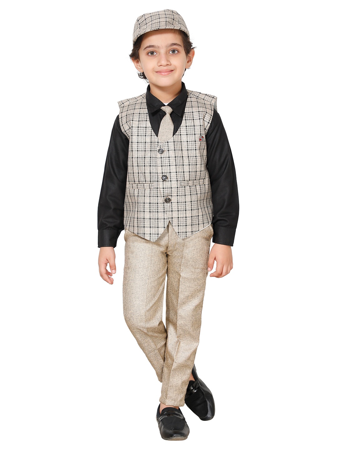 

FOURFOLDS Boys Grey & Black Checked Fourfolds 3 Piece Suit