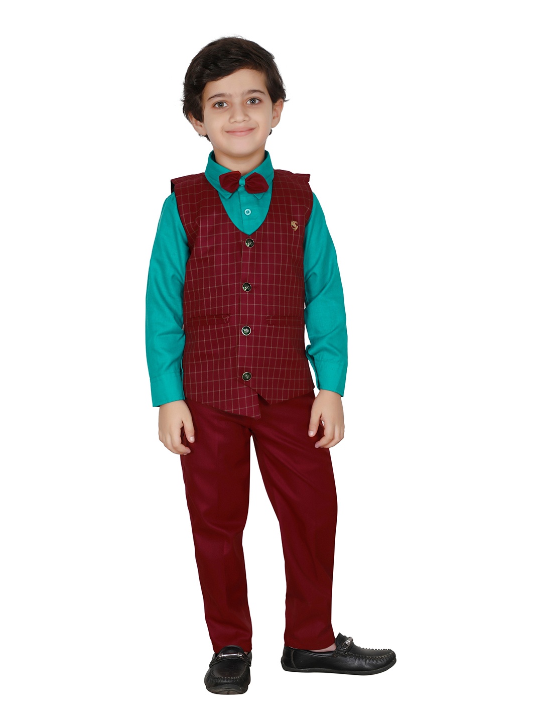 

FOURFOLDS Boys Maroon & Turquoise Blue Checked Fourfolds 3 Piece Suit