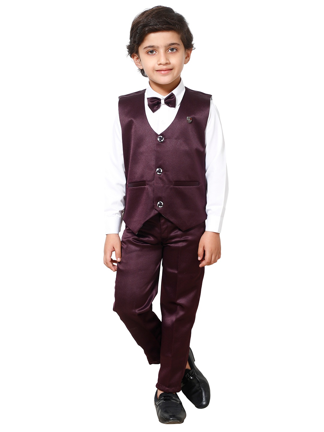 

FOURFOLDS Boys Maroon & White Single-Breasted 3 Piece Suit