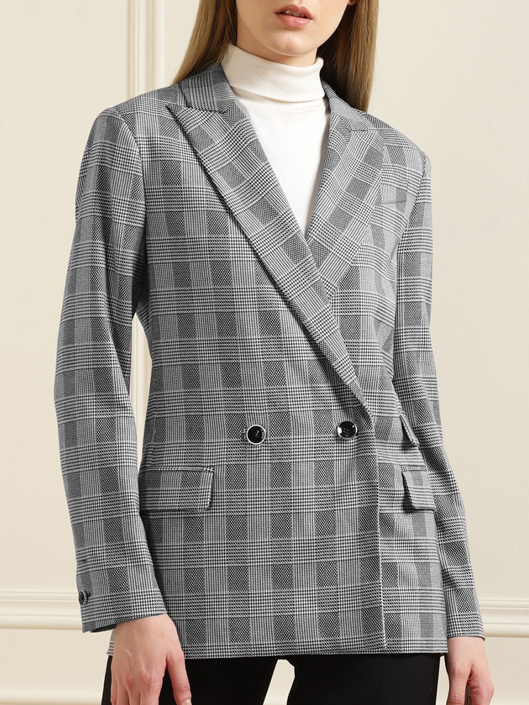 

Ted Baker Women Black & White Houndstooth Print Double-Breasted Overcoat