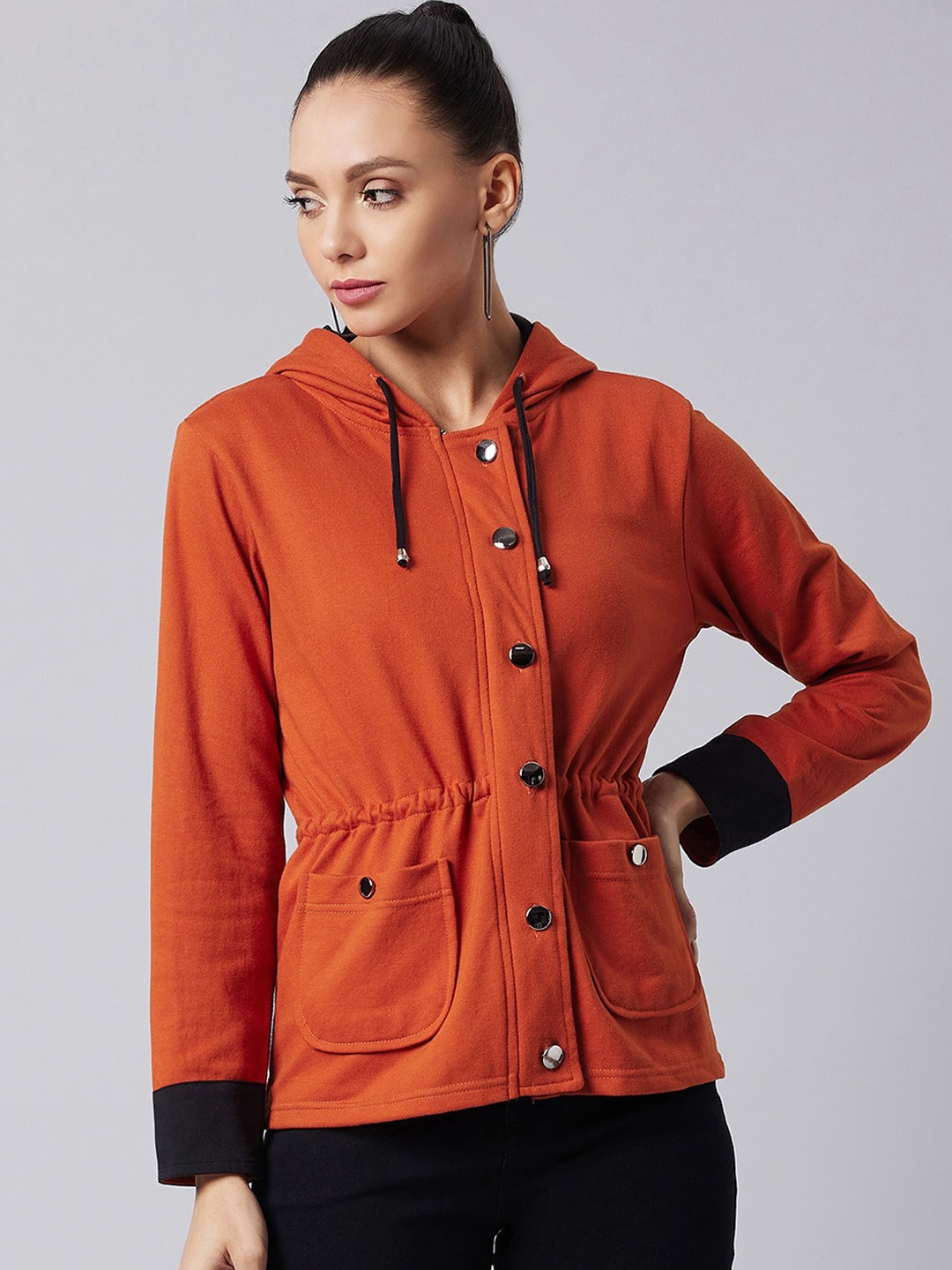 

DOLCE CRUDO Women Rust Solid Black Hooded Tailored Jacket