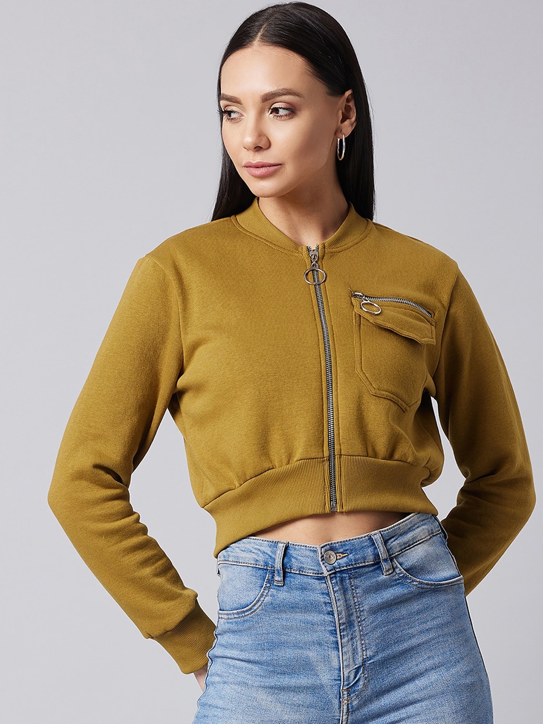 

DOLCE CRUDO Women Olive Green Crop Bomber Jacket