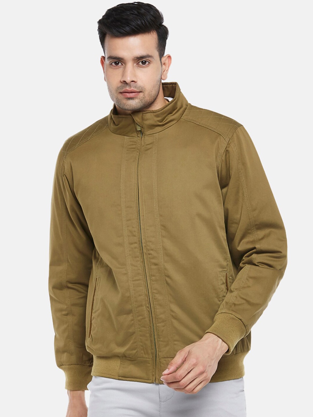 

BYFORD by Pantaloons Men Olive Brown Solid Pure Cotton Bomber Jacket