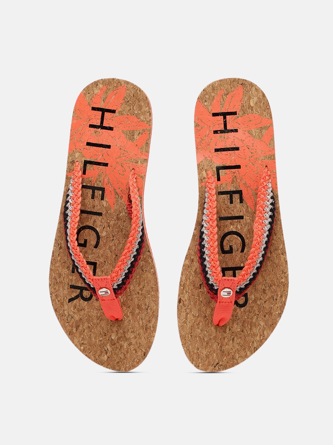 

Tommy Hilfiger Women Coral Orange & Camel Brown Print Beach Thong Flip-Flops