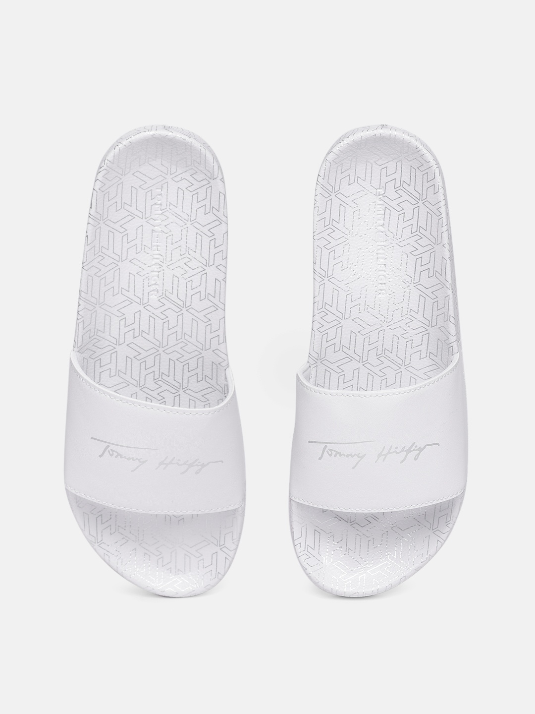 

Tommy Hilfiger Women White & Metallic Silver-Toned Brand Logo Print Pool Sliders