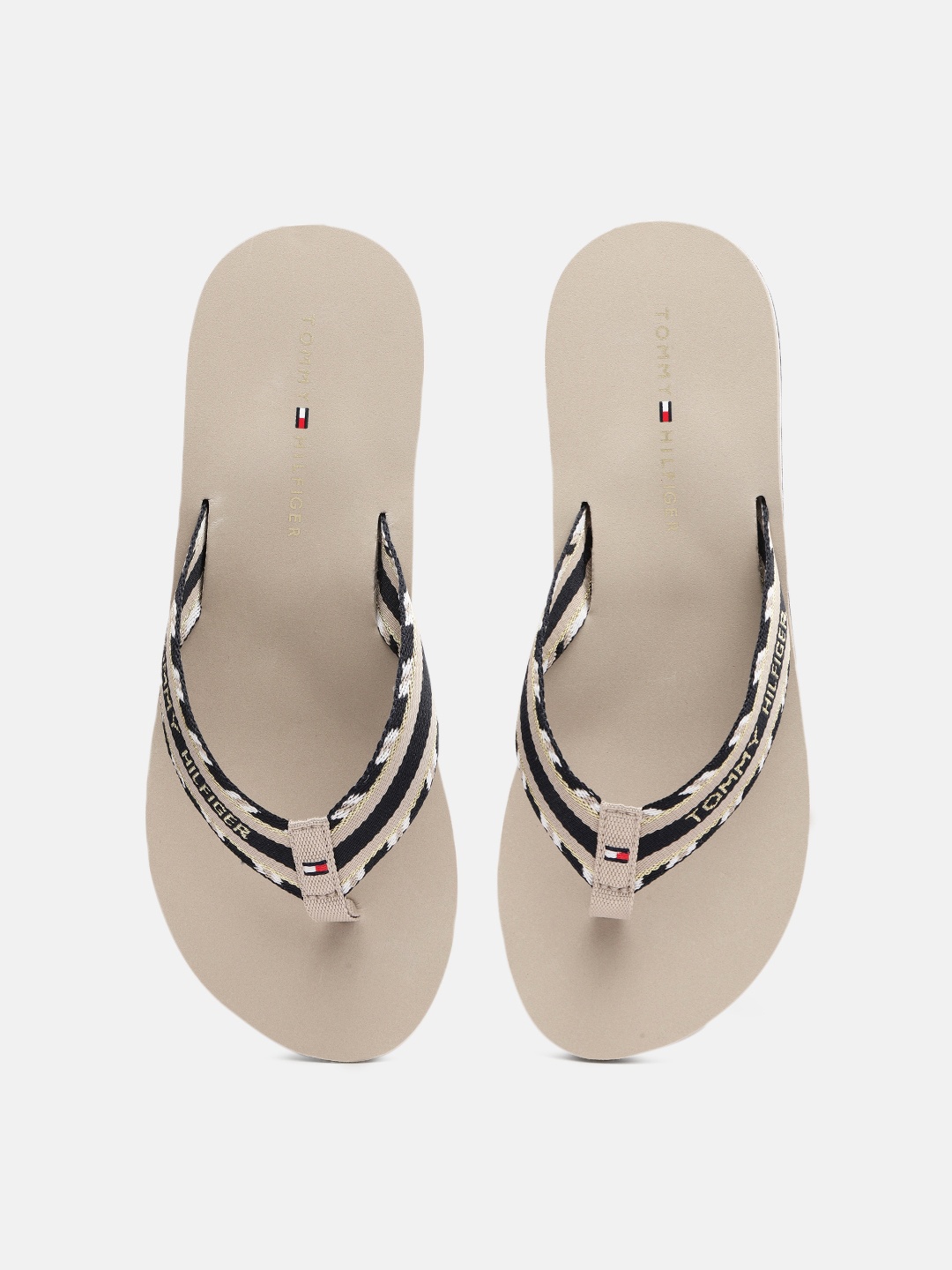 

Tommy Hilfiger Women Beige & Black Brand Logo Printed Thong Flip-Flops