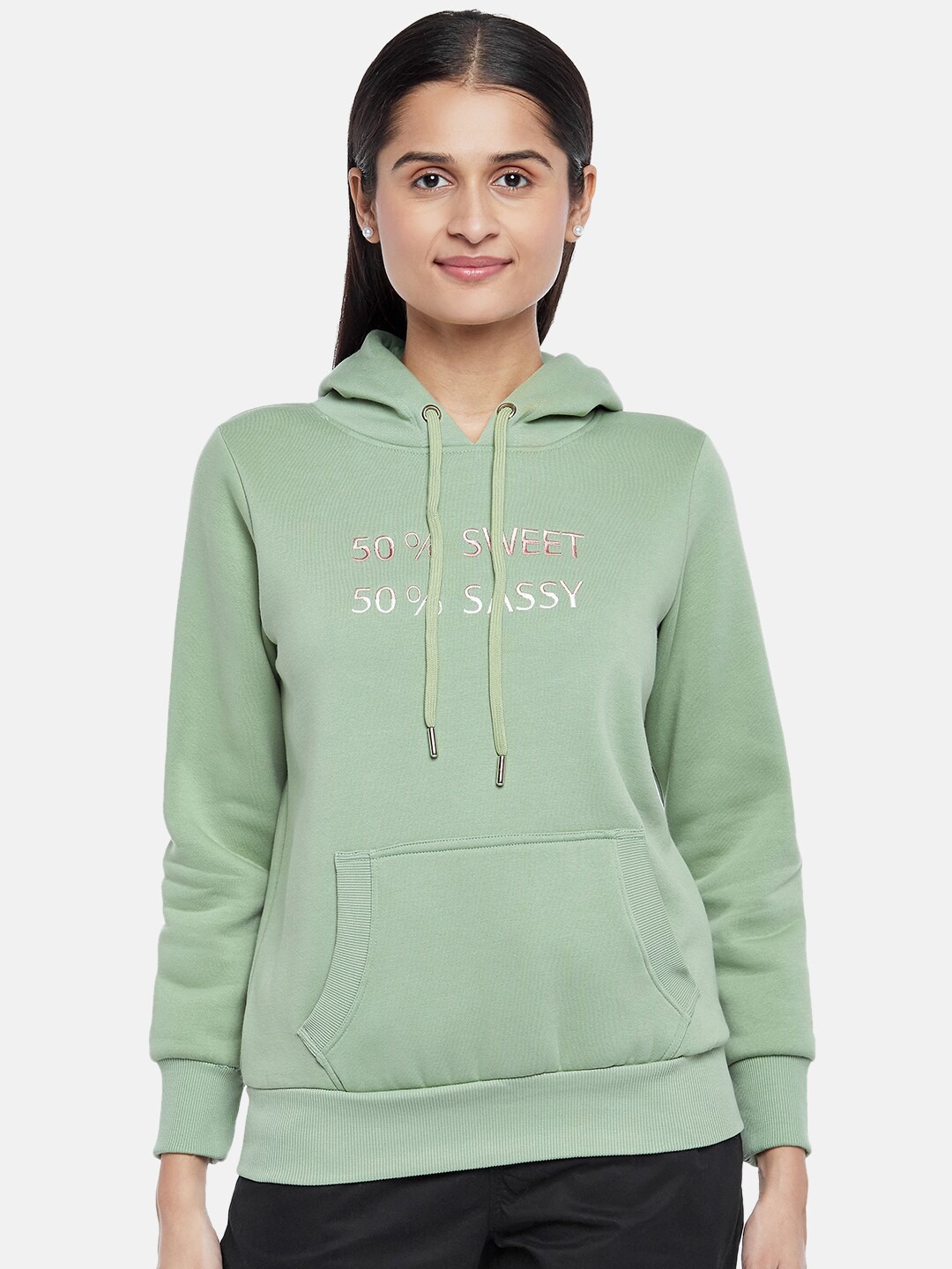 

Honey by Pantaloons Women Green Embroidered Hooded Sweatshirt