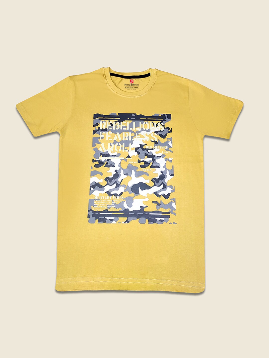 

Benny n Bunny Boys Yellow & White Camouflage Printed Pure Cotton T-shirt
