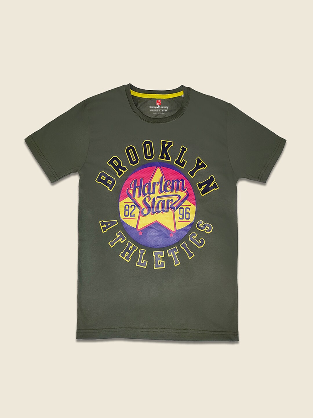 

Benny n Bunny Boys Olive Green & Yellow Typography Printed Pure Cotton T-shirt