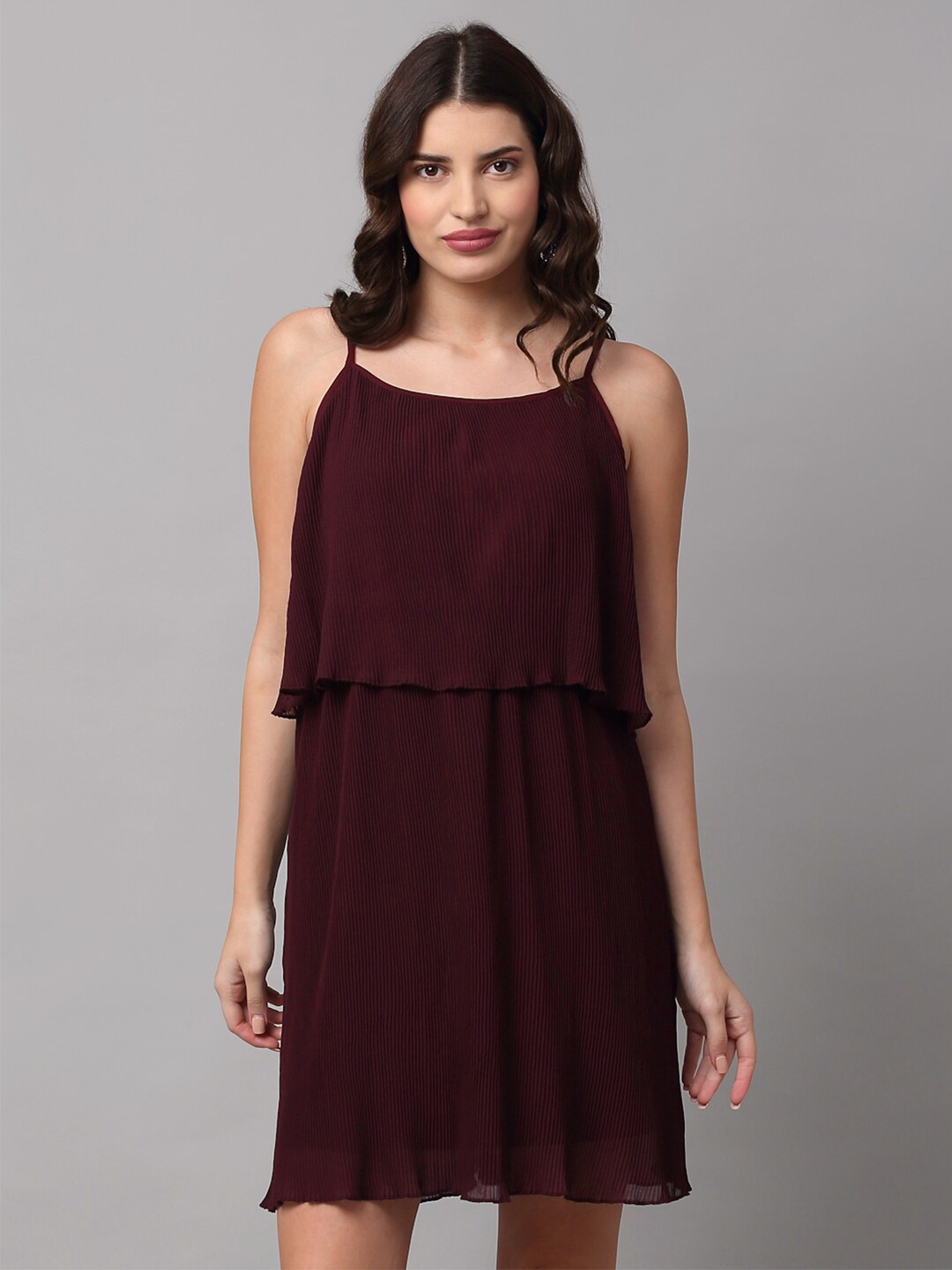 

NEUDIS Maroon Georgette Pleated A-Line Dress