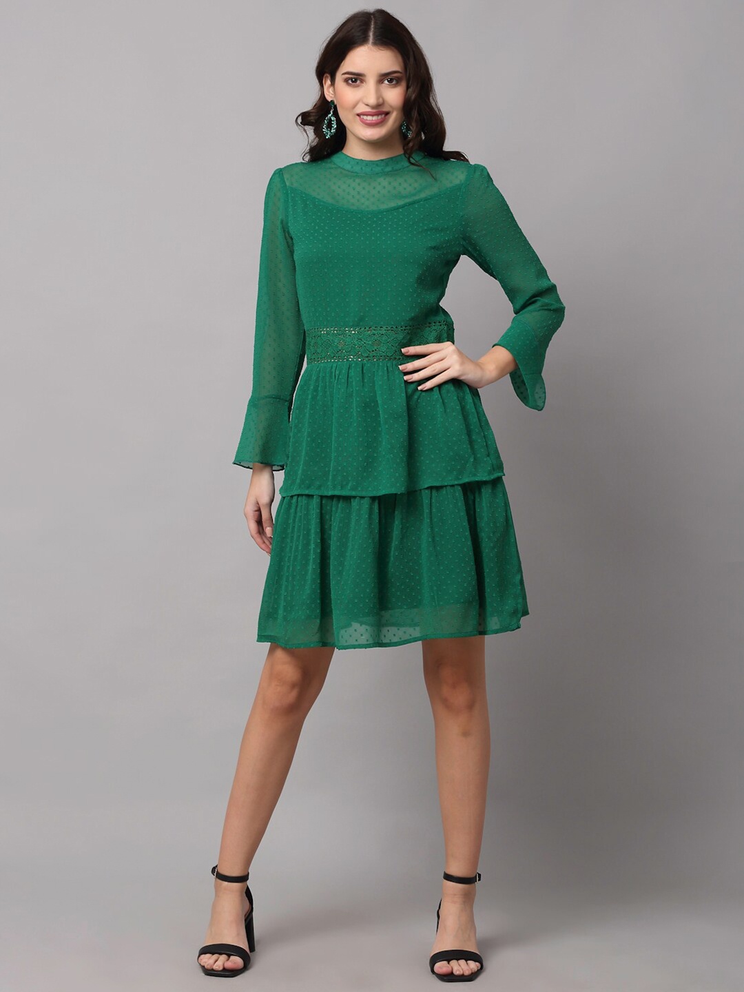 

NEUDIS Women Green Self Design Layered High Neck Chiffon Fit and Flare Dress