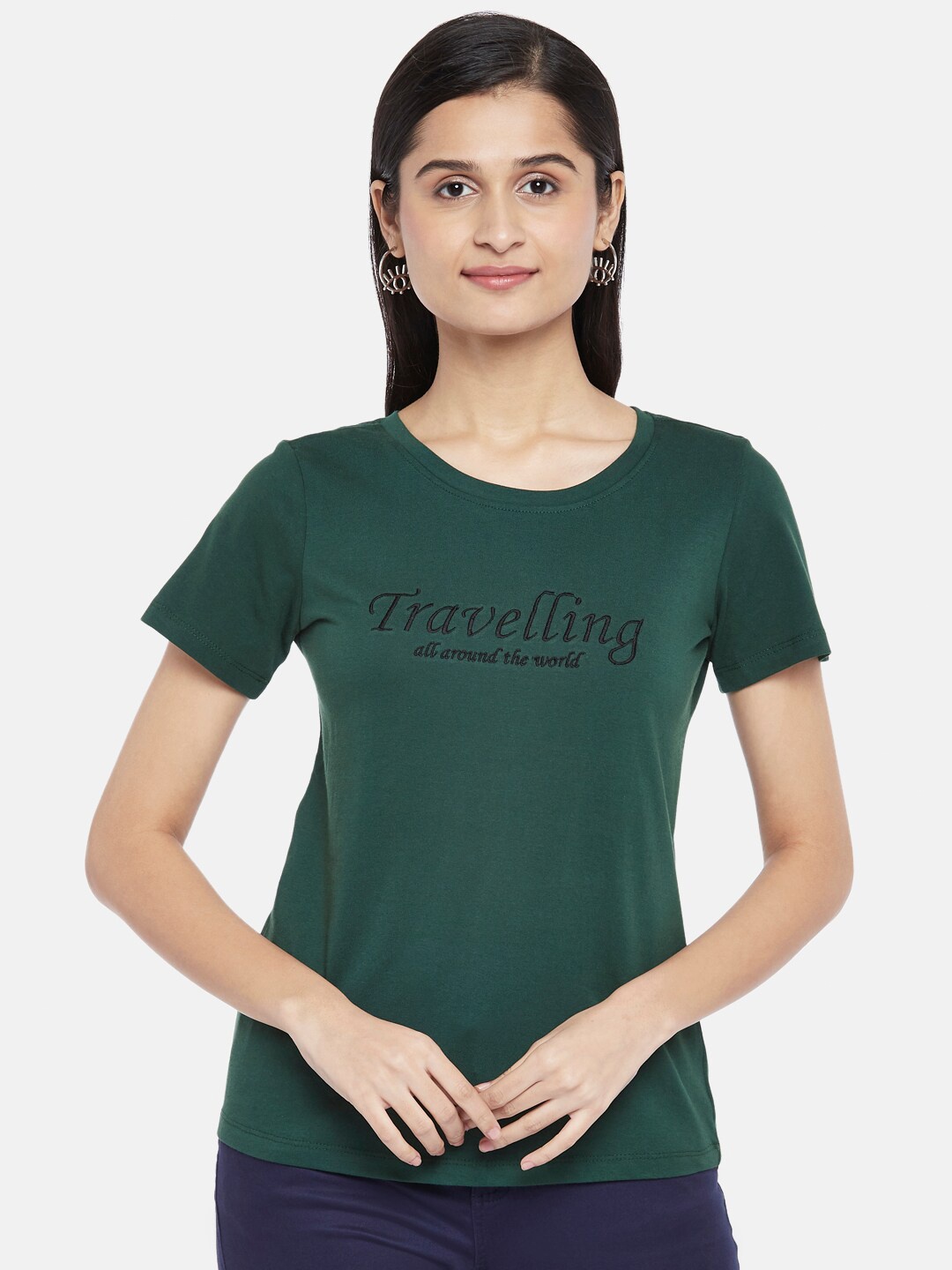 

Honey by Pantaloons Women Green & Black Printed Pure Cotton T-shirt