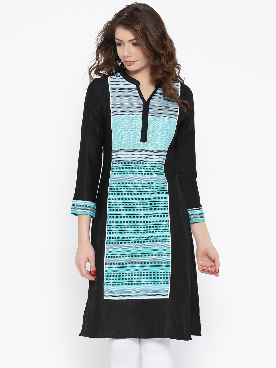 

AURELIA Women Black Woven Design Straight Kurta