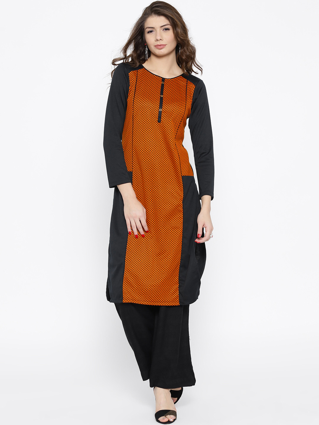 

AURELIA Women Orange & Black Chevron Straight Kurta