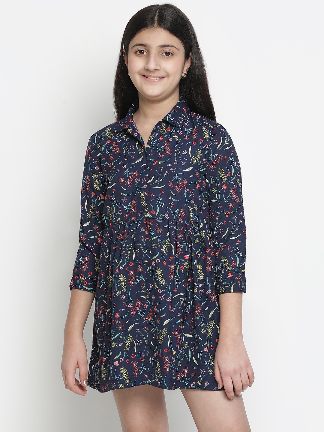 

Oxolloxo Girls Navy Blue Floral Satin Shirt Dress