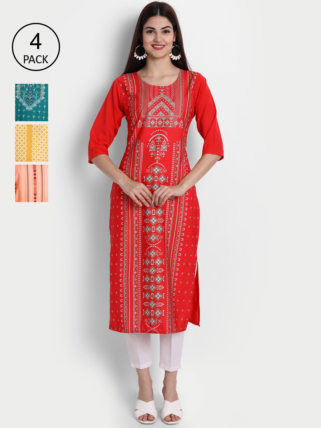 

1 Stop Fashion Women Pack Of 4 Digital Printed Crepe Kurta, Red