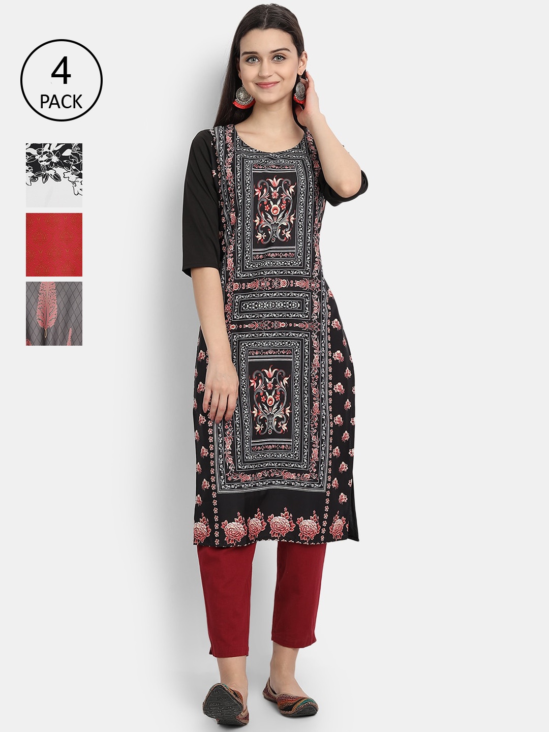 

1 Stop Fashion Women Pack of 4 Digital Print Straight Kurtas, Multi