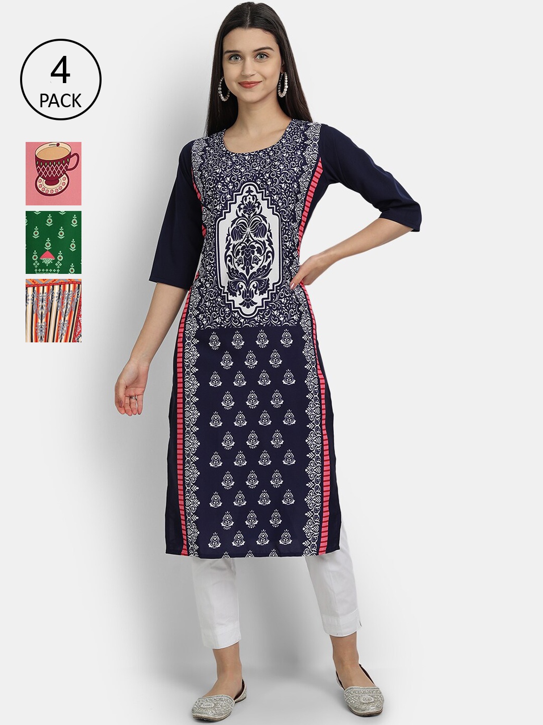 

1 Stop Fashion Woman Pack of 4 Multicoloured Geometric Printed Crepe Kurta, Multi