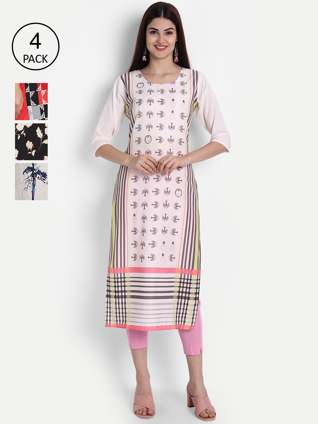 

1 Stop Fashion Women Pack of 4 Digital Print Straight Kurtas, Multi