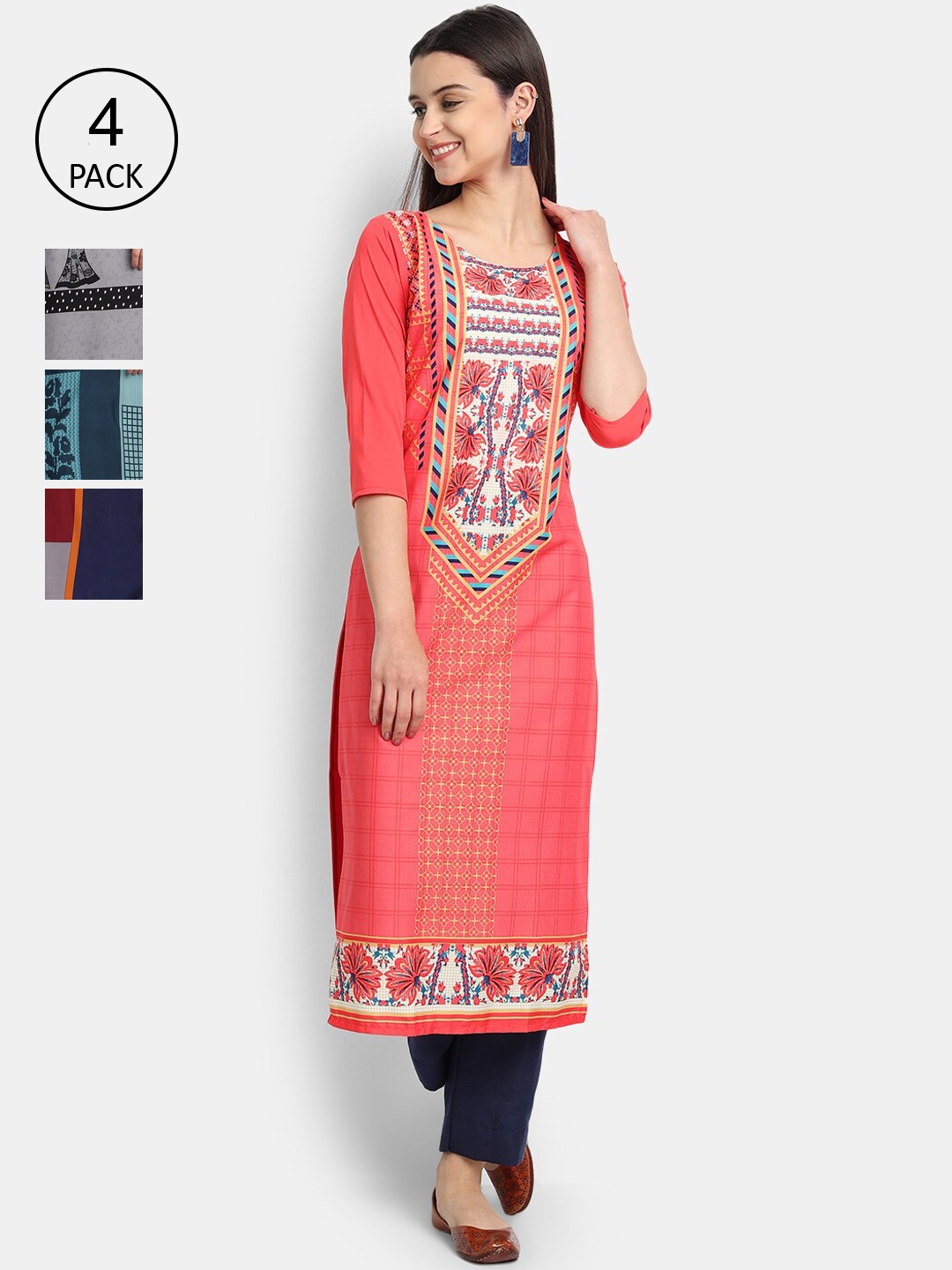 

1 Stop Fashion Women Pack Of 4 Ethnic Motifs Printed Crepe Kurta, Red