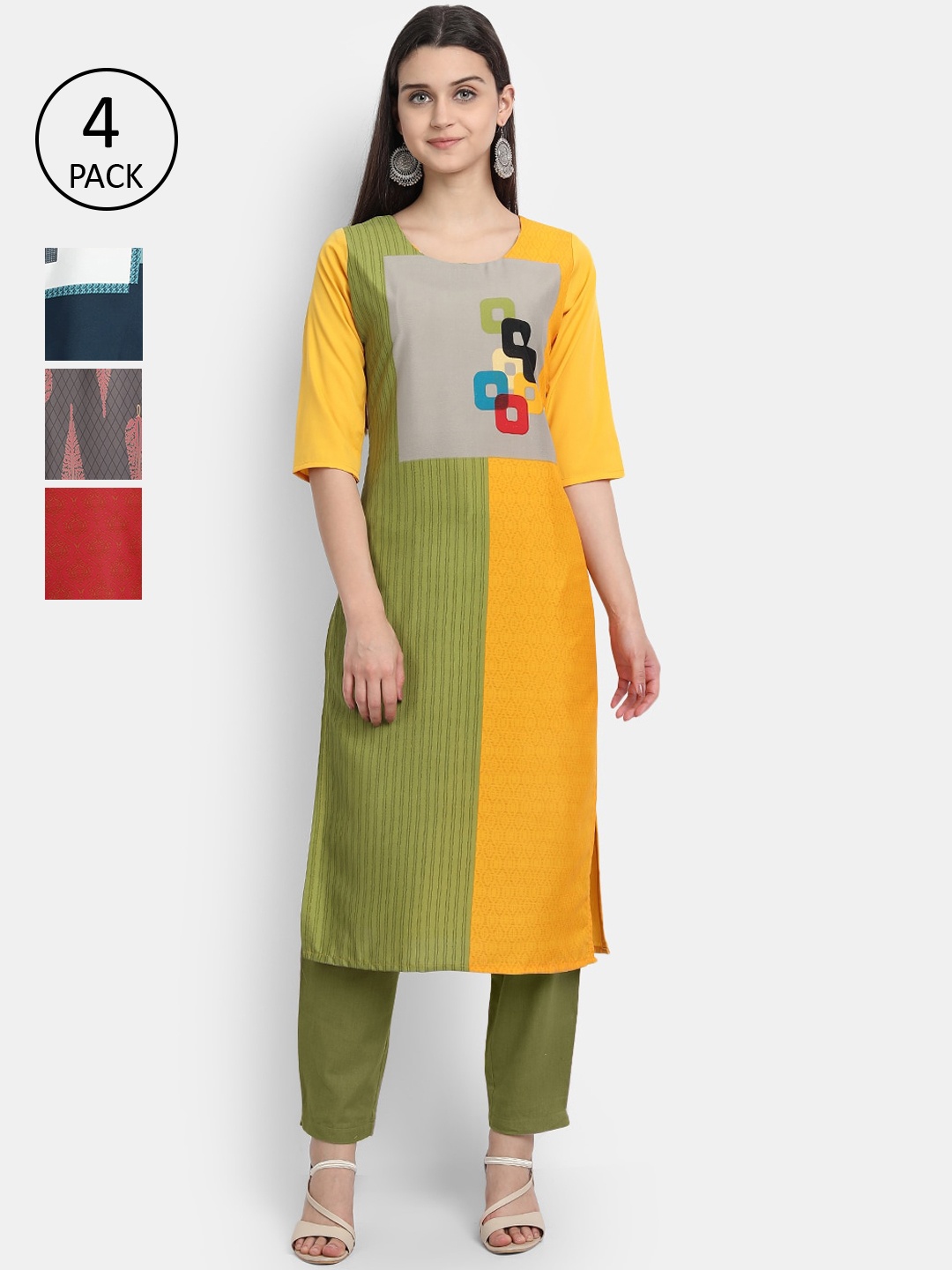 

1 Stop Fashion Set Of 4 Women Multicoloured Geometric Printed Crepe Kurtas, Multi