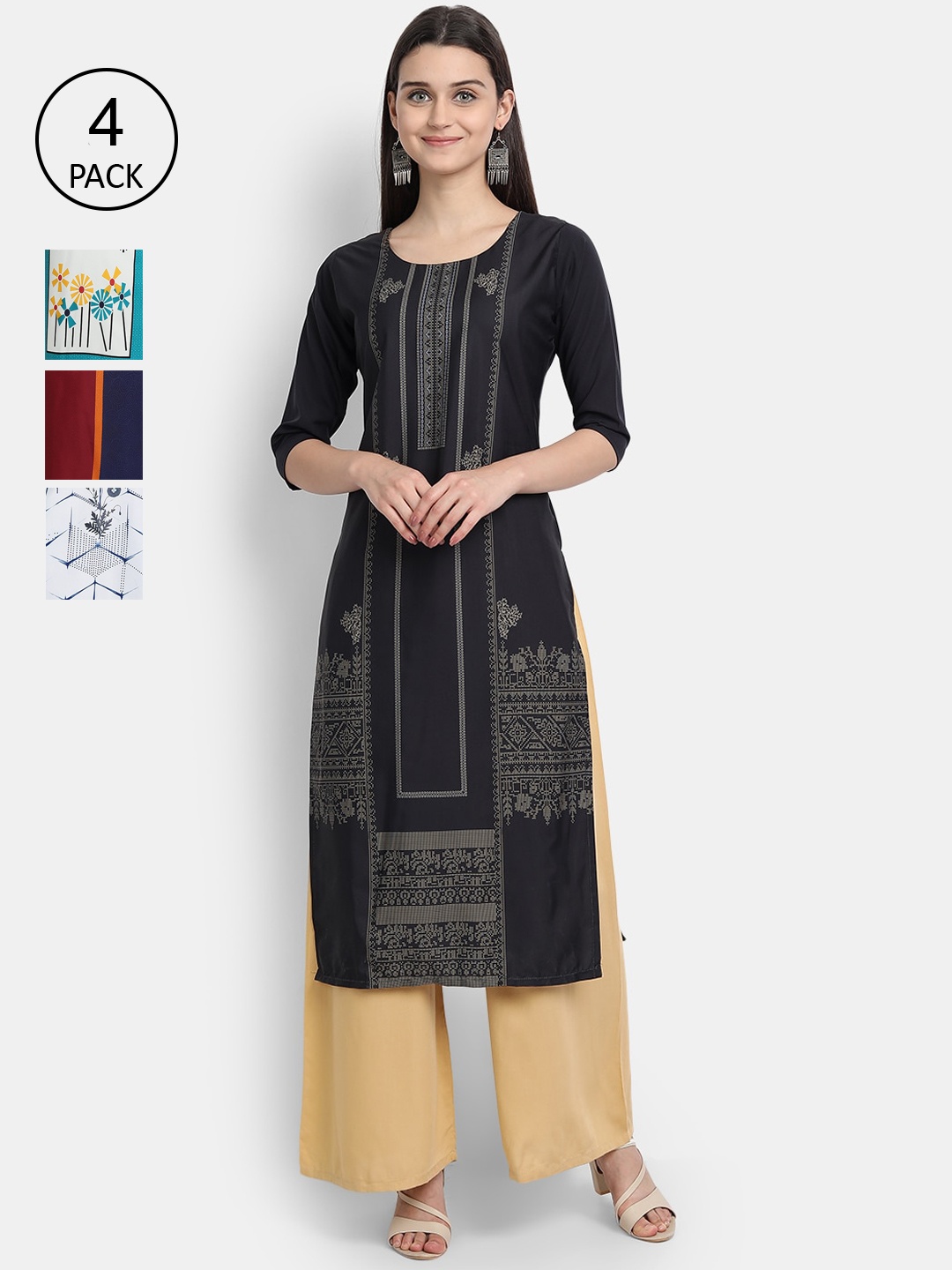 

1 Stop Fashion Women Pack of 4 Digital Print Straight Kurtas, Multi