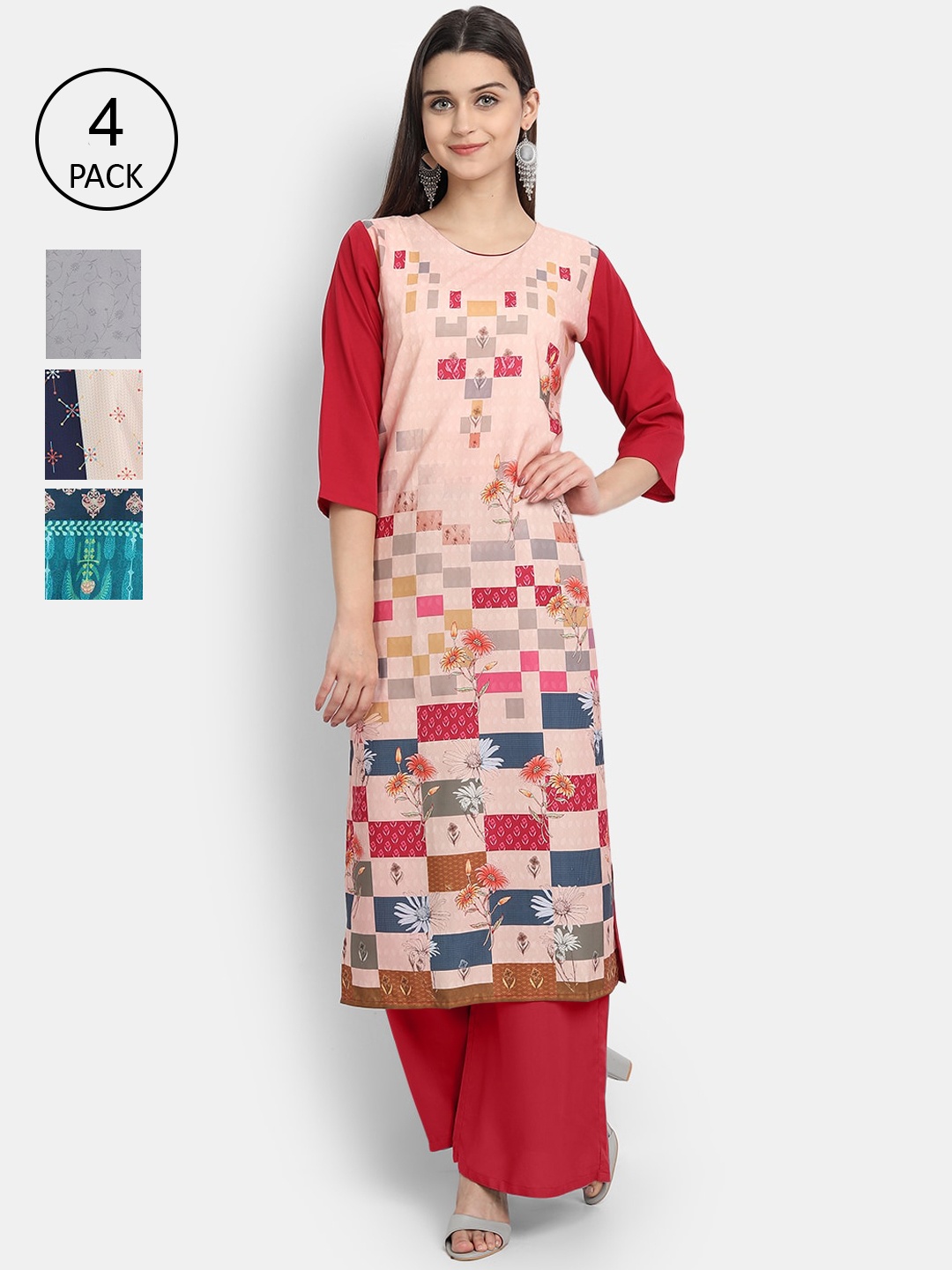 

1 Stop Fashion Women Pack of 4 Digital Print Straight Kurtas, Multi