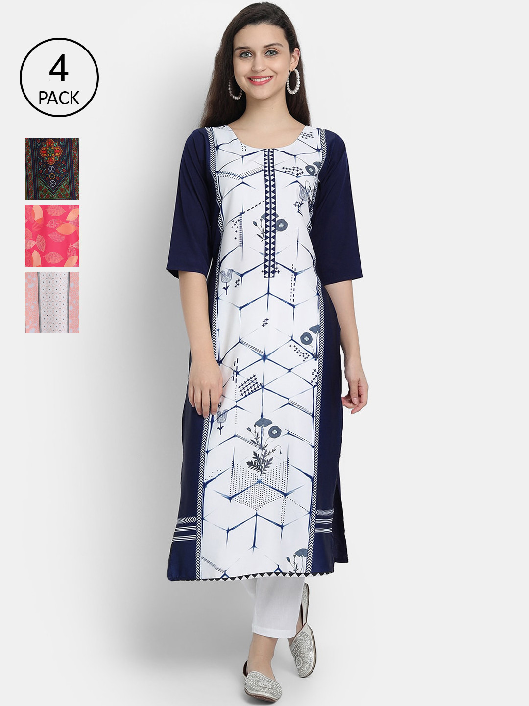 

1 Stop Fashion Set-4 Women Blue & White Ethnic Motifs Printed Crepe Kurta
